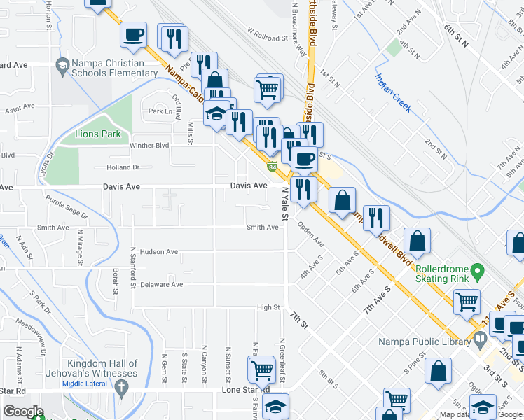 map of restaurants, bars, coffee shops, grocery stores, and more near 116 North Stinson Street in Nampa