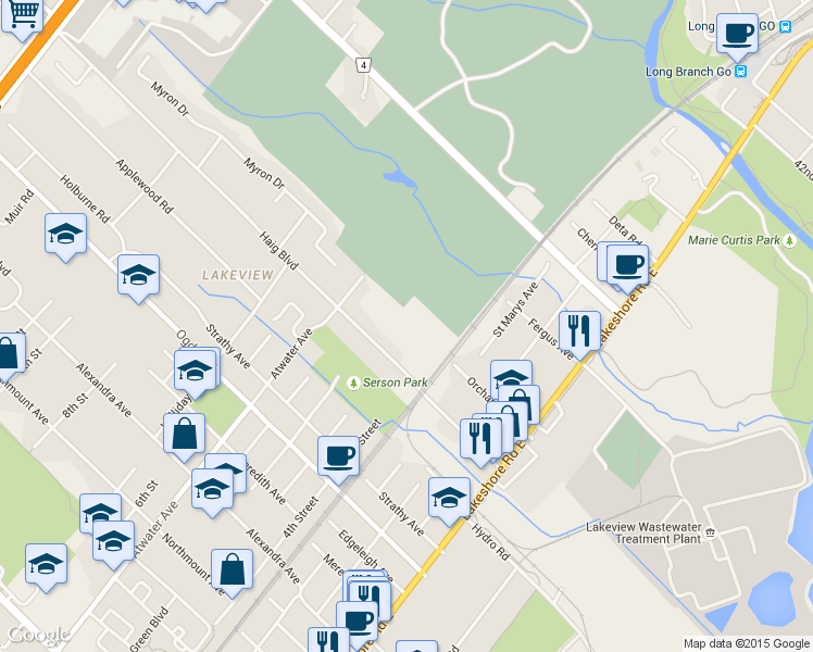 map of restaurants, bars, coffee shops, grocery stores, and more near in Mississauga