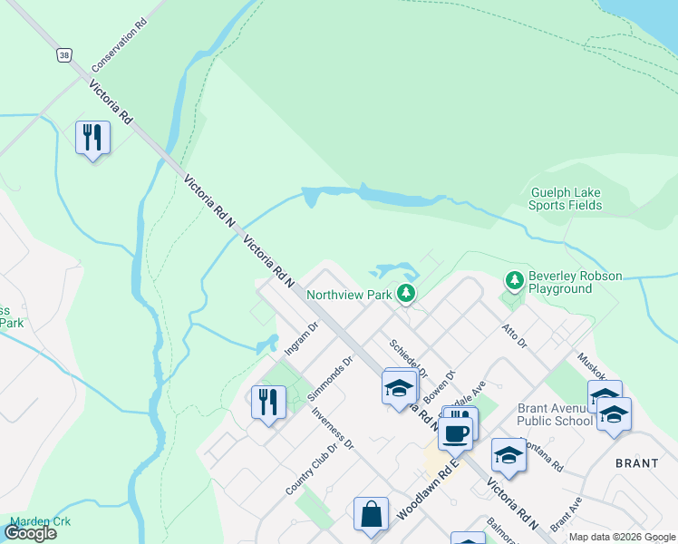 map of restaurants, bars, coffee shops, grocery stores, and more near 72 Mussen Street in Guelph
