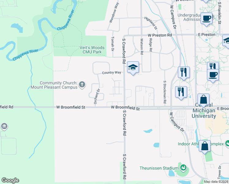 map of restaurants, bars, coffee shops, grocery stores, and more near 1820 South Crawford Road in Mount Pleasant