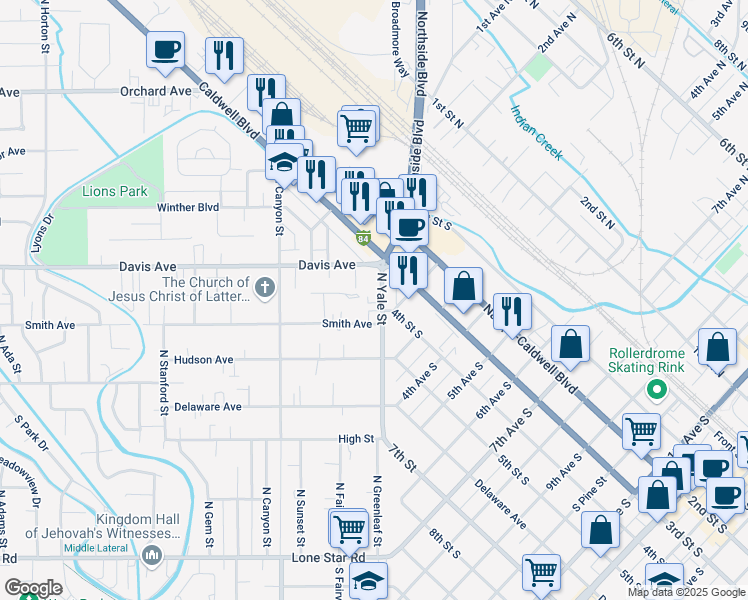 map of restaurants, bars, coffee shops, grocery stores, and more near 123 North Yale Street in Nampa