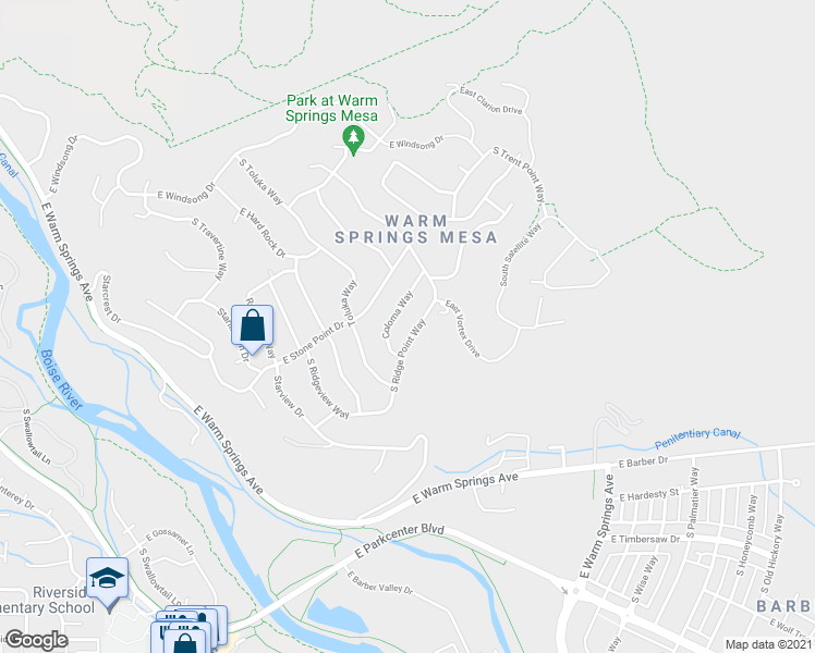 map of restaurants, bars, coffee shops, grocery stores, and more near 2155 South Ridge Point Way in Boise