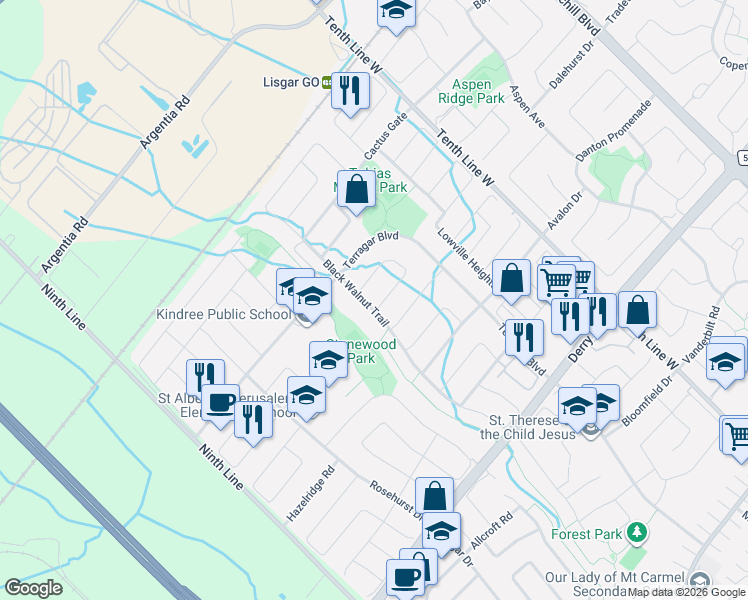 map of restaurants, bars, coffee shops, grocery stores, and more near 7339 Black Walnut Trail in Mississauga