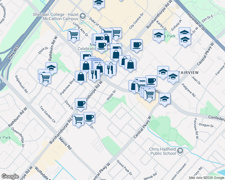 map of restaurants, bars, coffee shops, grocery stores, and more near 407 Webb Drive in Mississauga