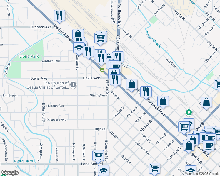 map of restaurants, bars, coffee shops, grocery stores, and more near 123 North Yale Street in Nampa
