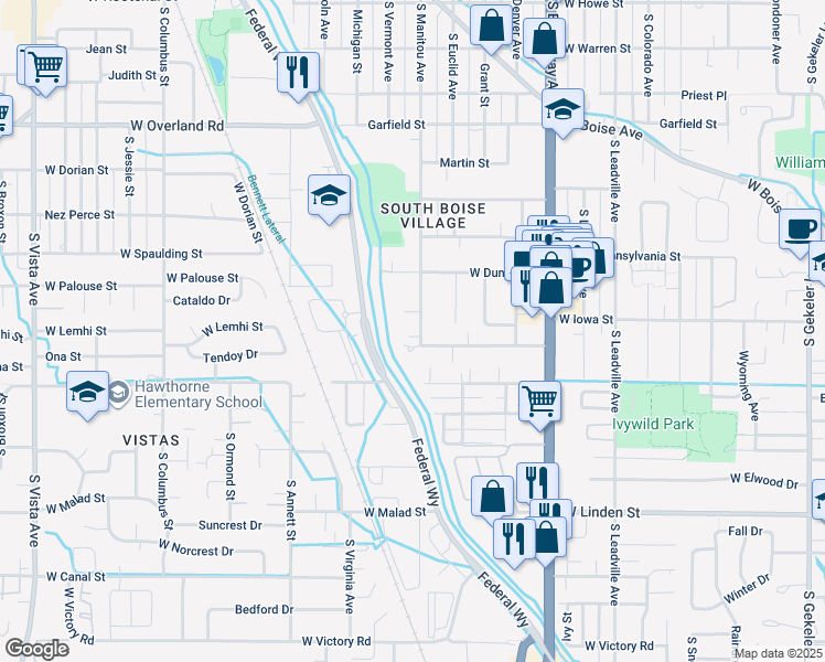 map of restaurants, bars, coffee shops, grocery stores, and more near 2215 South Manitou Avenue in Boise
