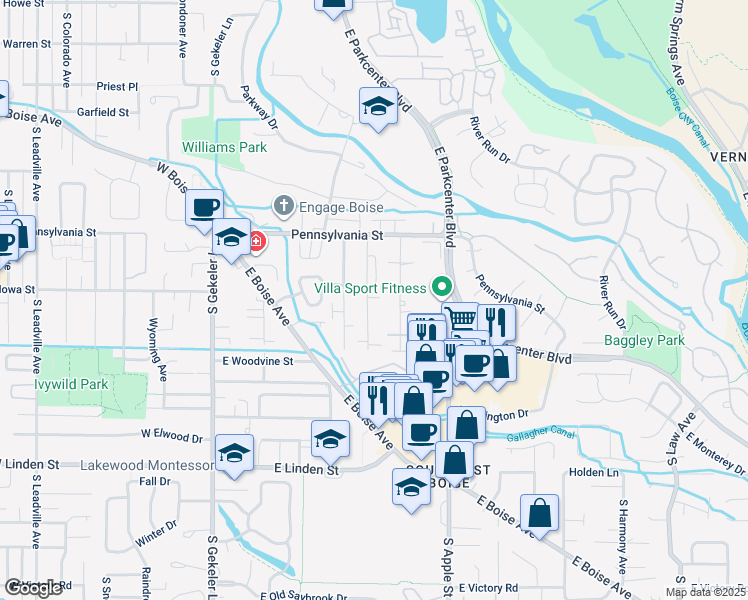 map of restaurants, bars, coffee shops, grocery stores, and more near 2230 South Amy Avenue in Boise