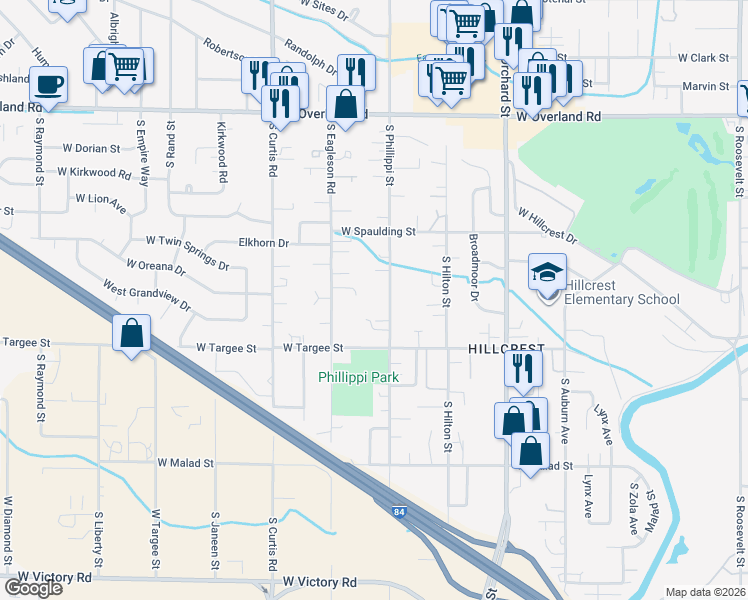 map of restaurants, bars, coffee shops, grocery stores, and more near 2031 South Phillippi Street in Boise