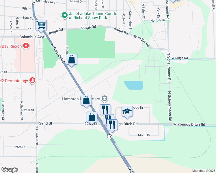 map of restaurants, bars, coffee shops, grocery stores, and more near 721 Shook Court in Bay City