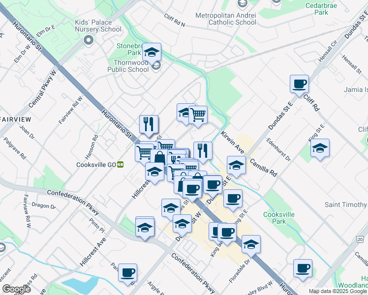 map of restaurants, bars, coffee shops, grocery stores, and more near 3131 Jaguar Valley Drive in Mississauga