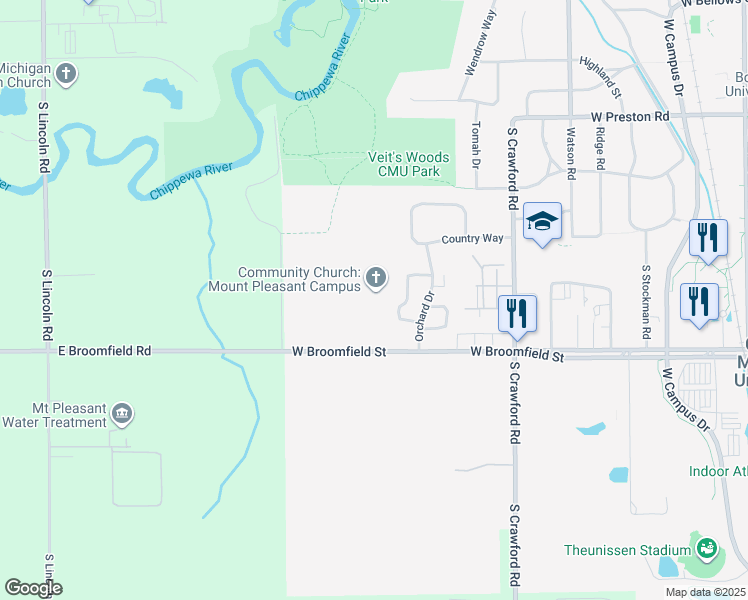 map of restaurants, bars, coffee shops, grocery stores, and more near 1400 West Broomfield Street in Mount Pleasant