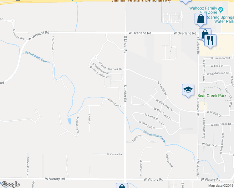 map of restaurants, bars, coffee shops, grocery stores, and more near 2297 South Knotty Timber Place in Meridian