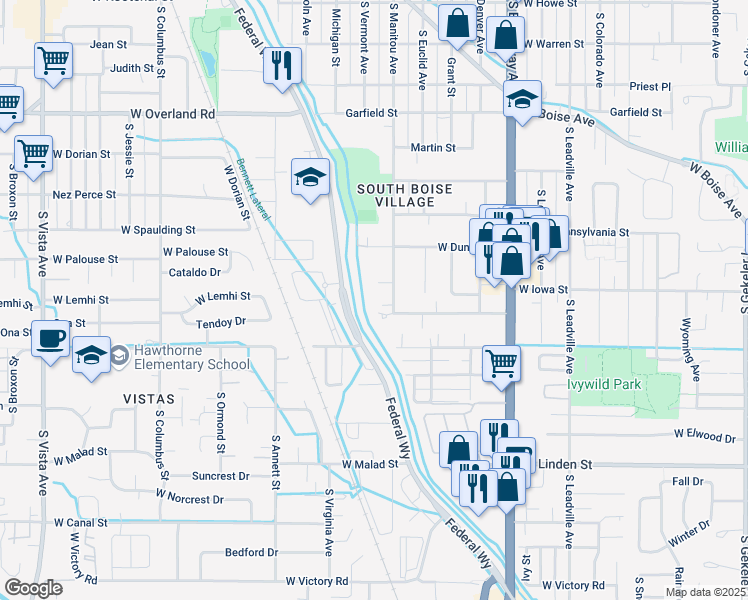 map of restaurants, bars, coffee shops, grocery stores, and more near 2215 South Manitou Avenue in Boise