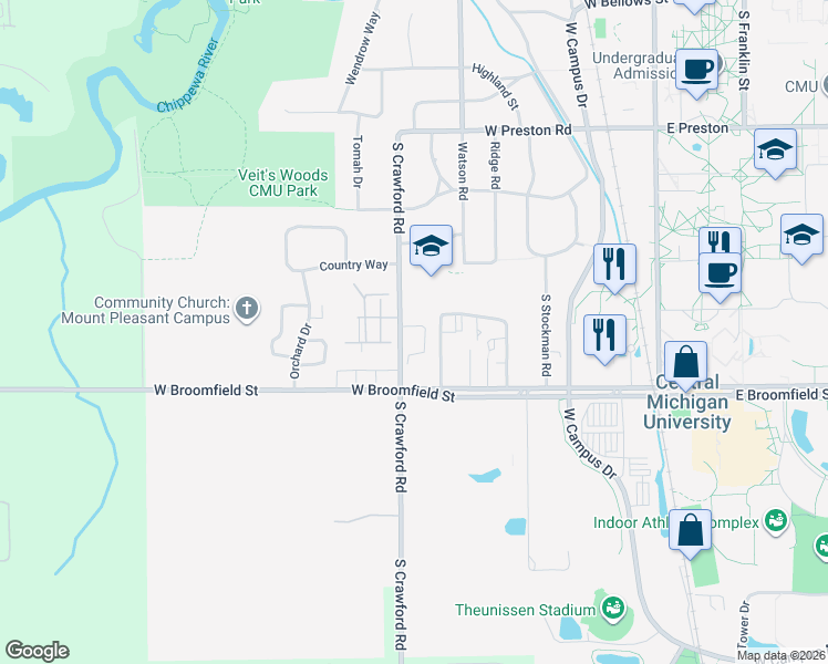 map of restaurants, bars, coffee shops, grocery stores, and more near 1825 South Crawford Road in Mount Pleasant