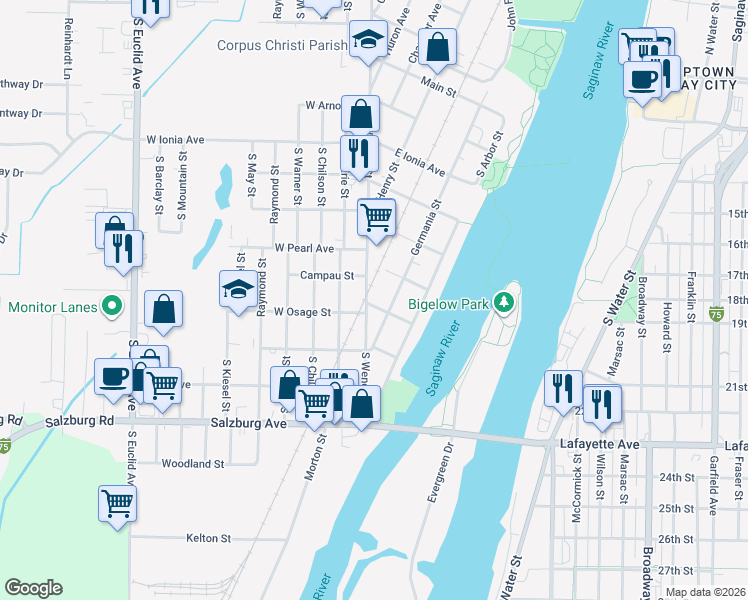 map of restaurants, bars, coffee shops, grocery stores, and more near 101 East Osage Street in Bay City