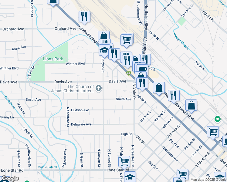 map of restaurants, bars, coffee shops, grocery stores, and more near 144 Smith Avenue in Nampa