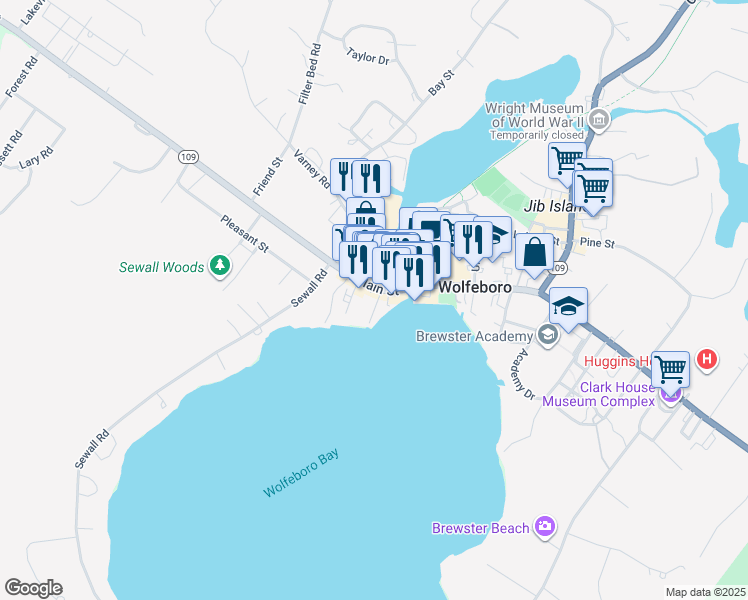 map of restaurants, bars, coffee shops, grocery stores, and more near 16 Endicott Street in Wolfeboro