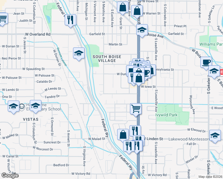 map of restaurants, bars, coffee shops, grocery stores, and more near 2261 S Euclid Ave in Boise