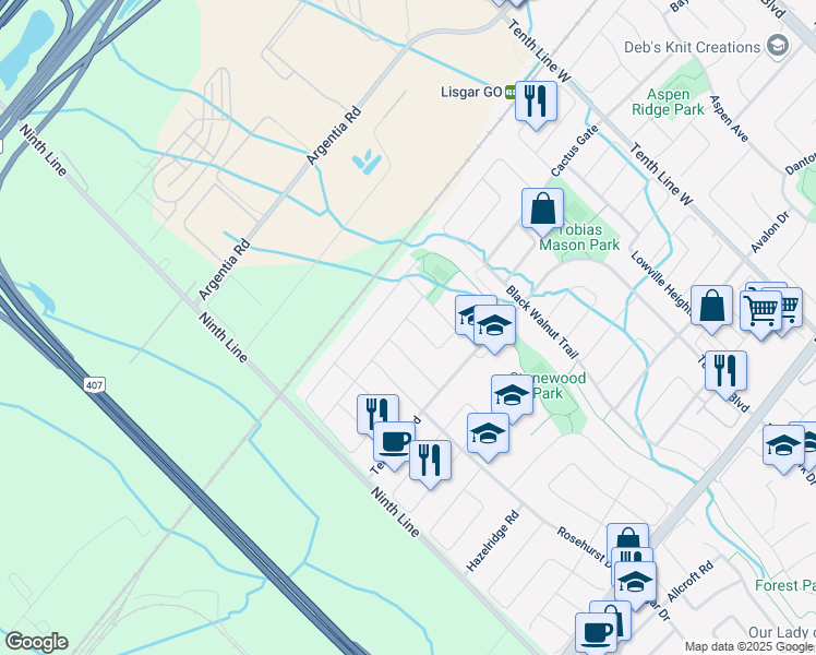 map of restaurants, bars, coffee shops, grocery stores, and more near in Mississauga