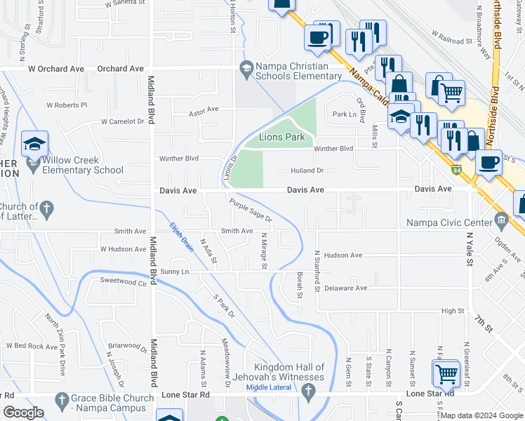 map of restaurants, bars, coffee shops, grocery stores, and more near 520 Purple Sage Drive in Nampa