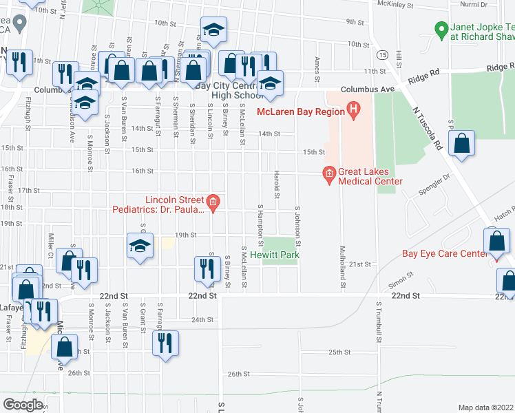 map of restaurants, bars, coffee shops, grocery stores, and more near 2007 18th Street in Bay City