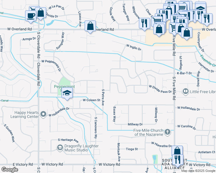 map of restaurants, bars, coffee shops, grocery stores, and more near 2120 South Trapper Cove Avenue in Boise
