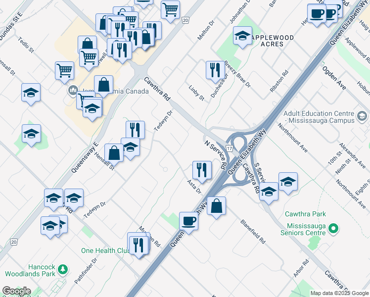 map of restaurants, bars, coffee shops, grocery stores, and more near 620 Abana Road in Mississauga