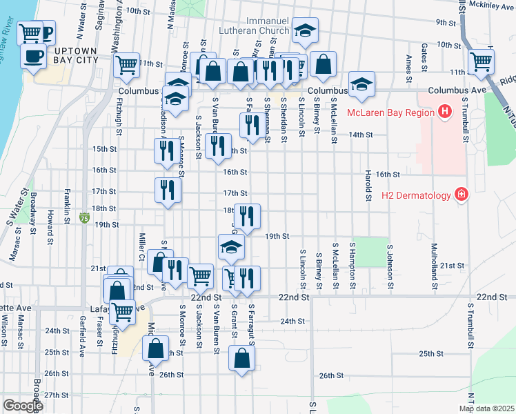 map of restaurants, bars, coffee shops, grocery stores, and more near 1503 18th Street in Bay City