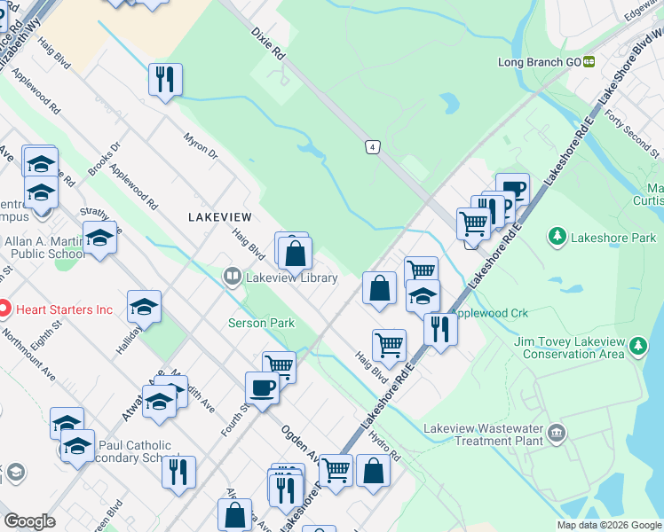 map of restaurants, bars, coffee shops, grocery stores, and more near 1129 Haig Boulevard in Mississauga