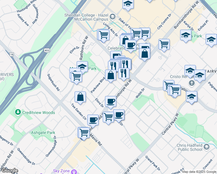 map of restaurants, bars, coffee shops, grocery stores, and more near 478 Turnbridge Road in Mississauga