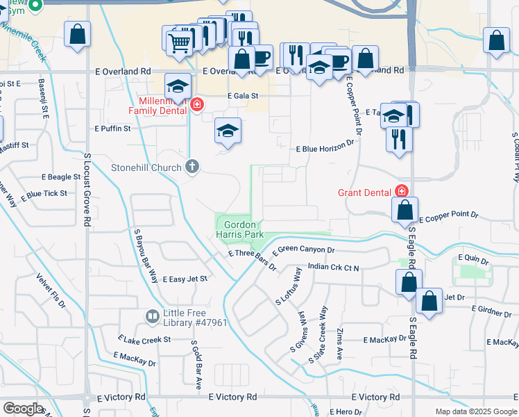 map of restaurants, bars, coffee shops, grocery stores, and more near 2271 South Accolade Avenue in Meridian