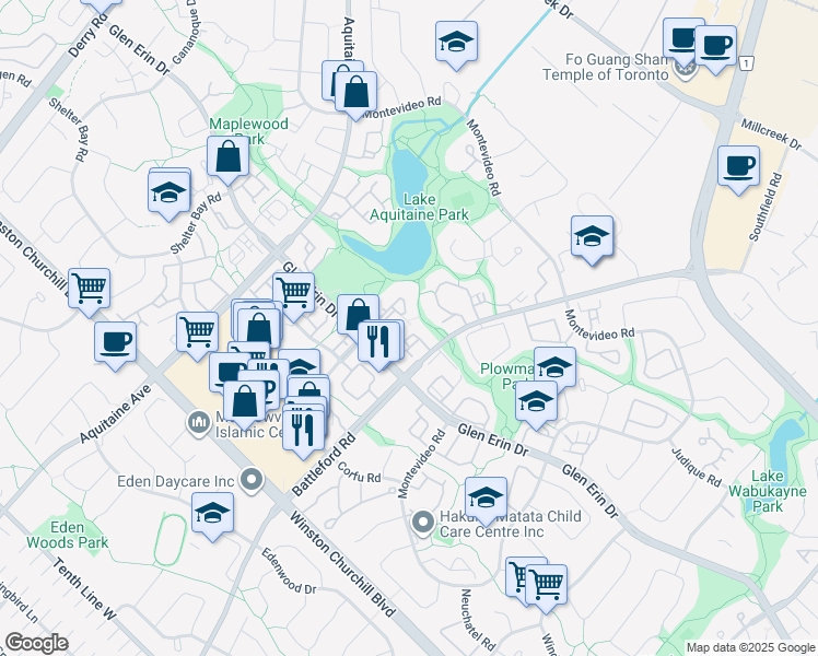 map of restaurants, bars, coffee shops, grocery stores, and more near 2757 Battleford Road in Mississauga