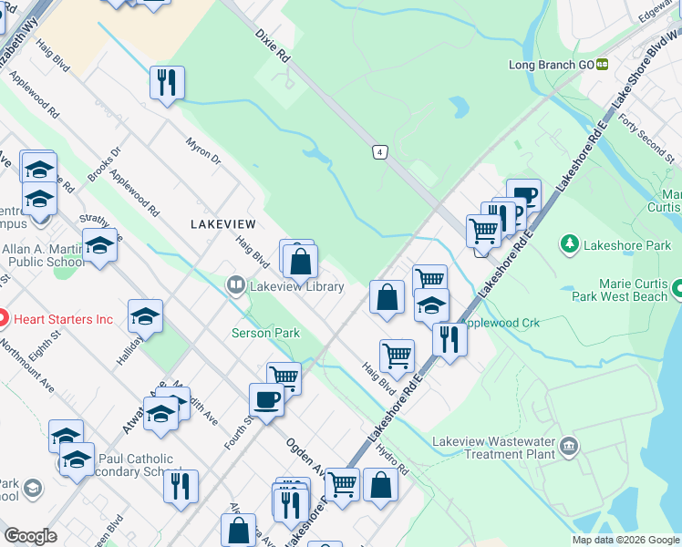 map of restaurants, bars, coffee shops, grocery stores, and more near 1129 Haig Boulevard in Mississauga
