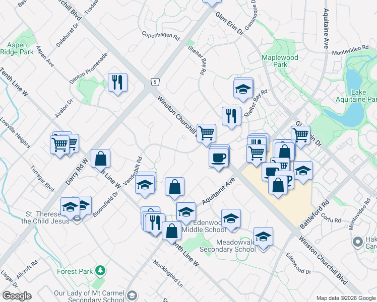 map of restaurants, bars, coffee shops, grocery stores, and more near 3221 Plum Tree Crescent in Mississauga