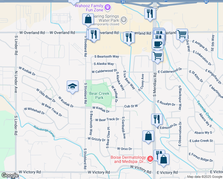 map of restaurants, bars, coffee shops, grocery stores, and more near 2255 S Bear Claw Way in Meridian