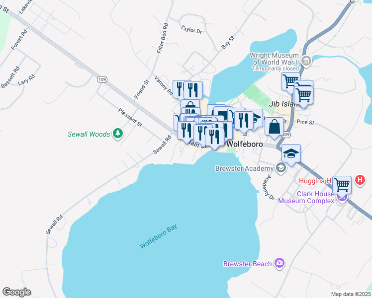 map of restaurants, bars, coffee shops, grocery stores, and more near 16 Endicott Street in Wolfeboro