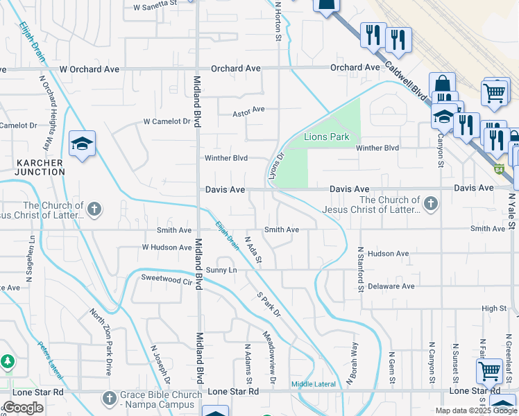 map of restaurants, bars, coffee shops, grocery stores, and more near 124 North Poplar Street in Nampa