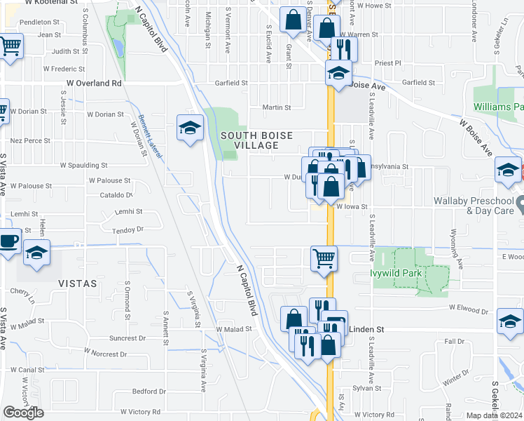 map of restaurants, bars, coffee shops, grocery stores, and more near 2261 South Euclid Avenue in Boise
