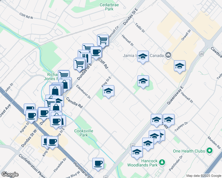 map of restaurants, bars, coffee shops, grocery stores, and more near 2498 Donnavale Drive in Mississauga