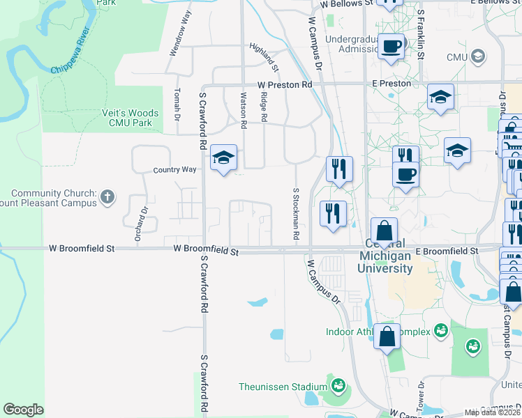 map of restaurants, bars, coffee shops, grocery stores, and more near 715 Edgewood Drive in Mount Pleasant