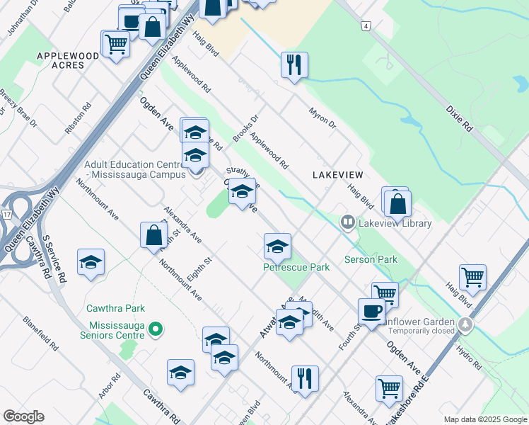 map of restaurants, bars, coffee shops, grocery stores, and more near 1367 Ogden Avenue in Mississauga
