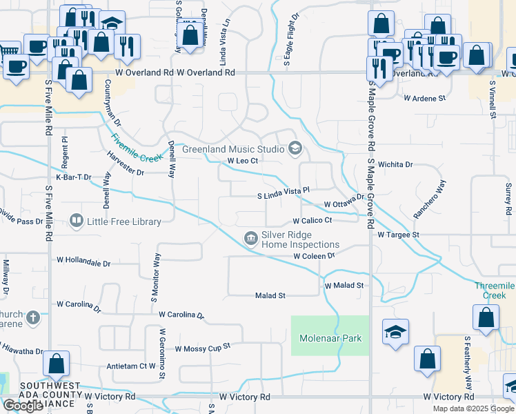 map of restaurants, bars, coffee shops, grocery stores, and more near 2137 South Pebbleside Way in Boise