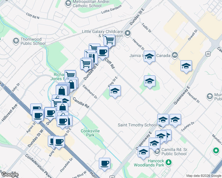 map of restaurants, bars, coffee shops, grocery stores, and more near 2510 Donnavale Drive in Mississauga