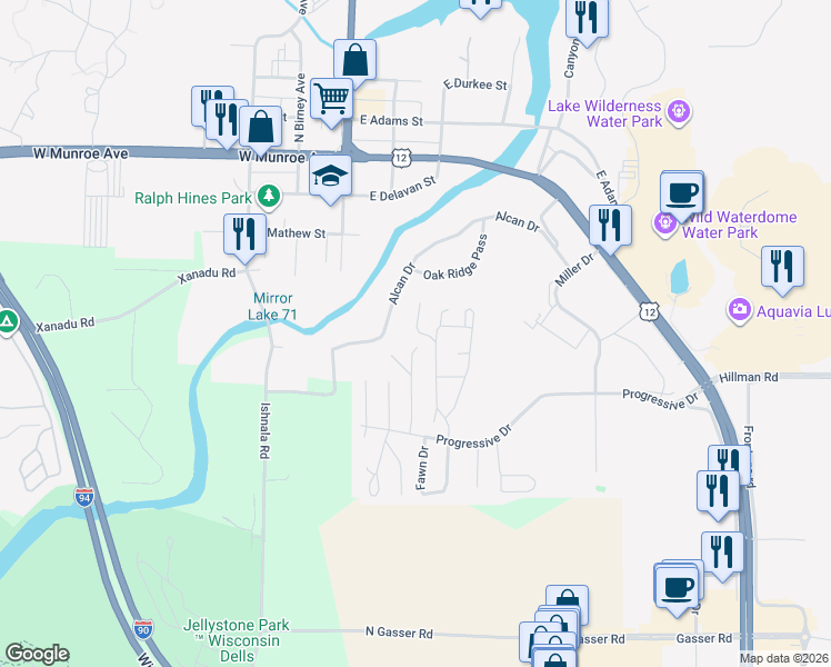 map of restaurants, bars, coffee shops, grocery stores, and more near 150 Whitetail Boulevard in Baraboo