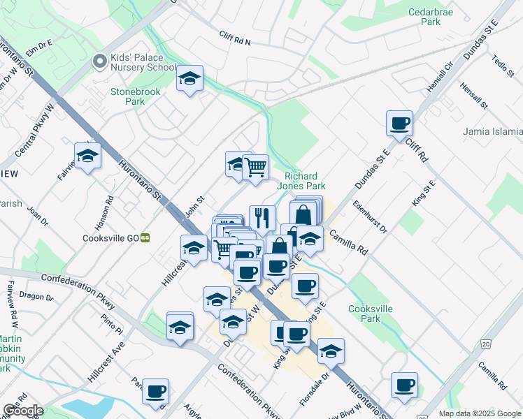 map of restaurants, bars, coffee shops, grocery stores, and more near 3100 Kirwin Avenue in Mississauga