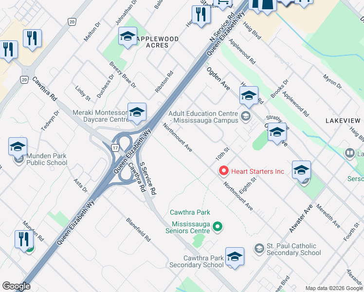 map of restaurants, bars, coffee shops, grocery stores, and more near 1564 Northmount Avenue in Mississauga