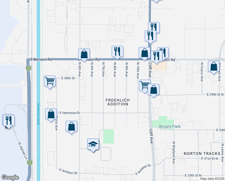 map of restaurants, bars, coffee shops, grocery stores, and more near 3509 North 8th Avenue in Sioux Falls