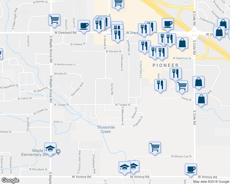 map of restaurants, bars, coffee shops, grocery stores, and more near 2034 Surrey Road in Boise