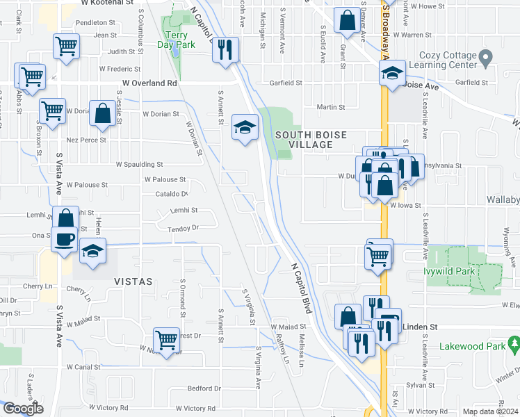 map of restaurants, bars, coffee shops, grocery stores, and more near 2090 South Hudson Avenue in Boise