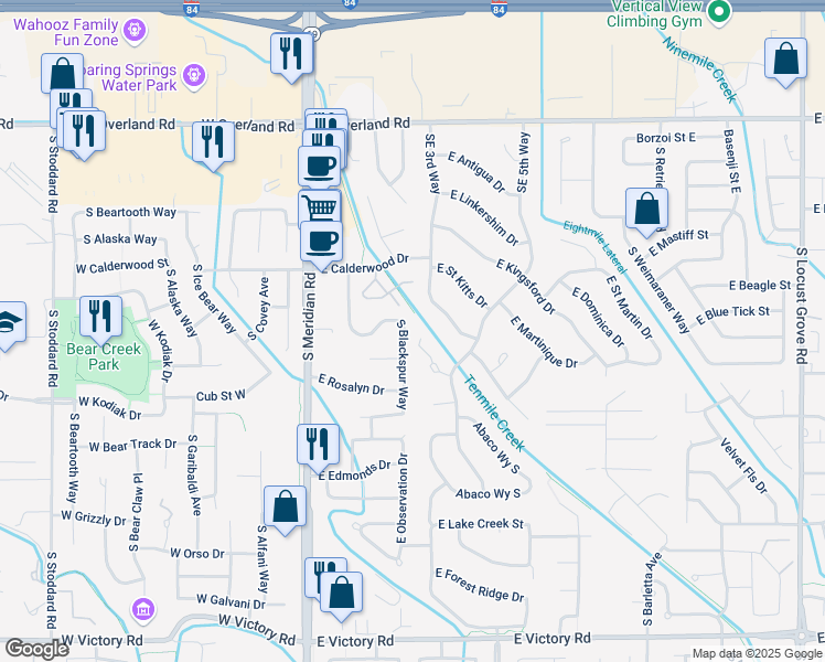 map of restaurants, bars, coffee shops, grocery stores, and more near 2284 South Blackspur Way in Meridian